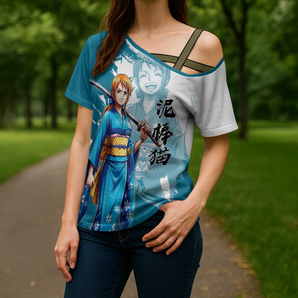 Wano Navigator Nami Cross Shoulder Shirt Floral Kimono Anime Brush Art