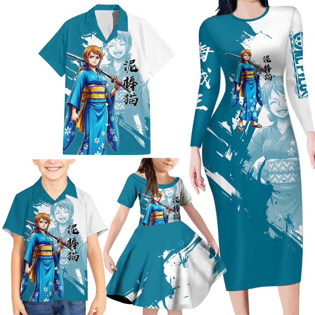 Wano Navigator Nami Family Matching Long Sleeve Bodycon Dress and Hawaiian Shirt Floral Kimono Anime Brush Art