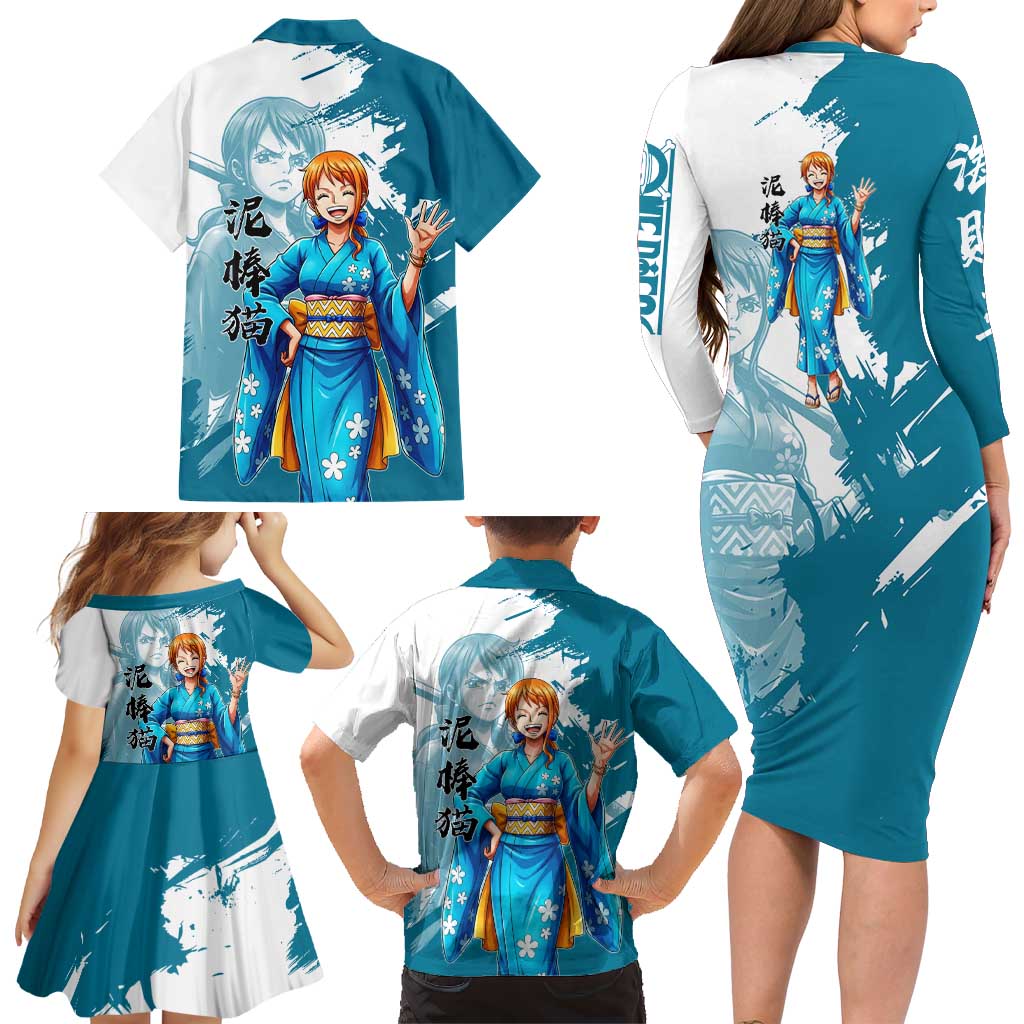 Wano Navigator Nami Family Matching Long Sleeve Bodycon Dress and Hawaiian Shirt Floral Kimono Anime Brush Art