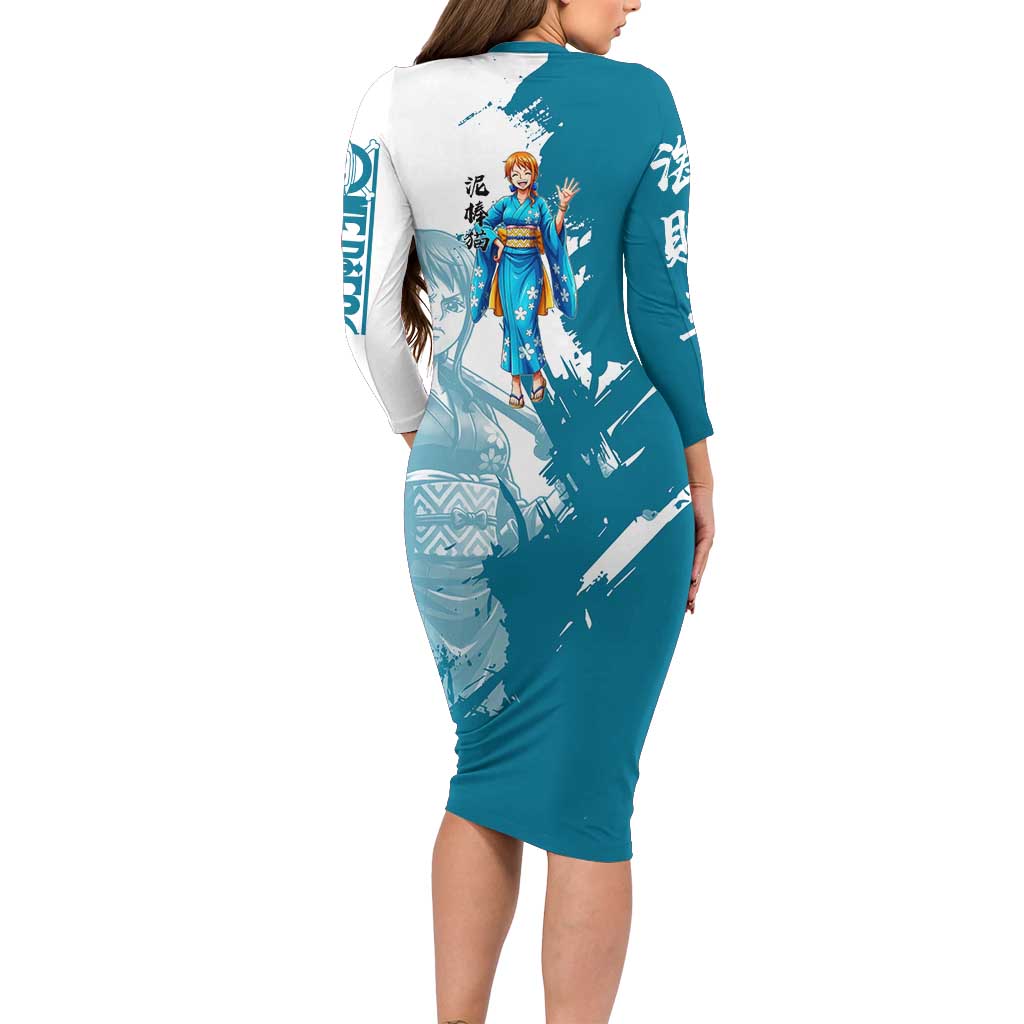 Wano Navigator Nami Family Matching Long Sleeve Bodycon Dress and Hawaiian Shirt Floral Kimono Anime Brush Art