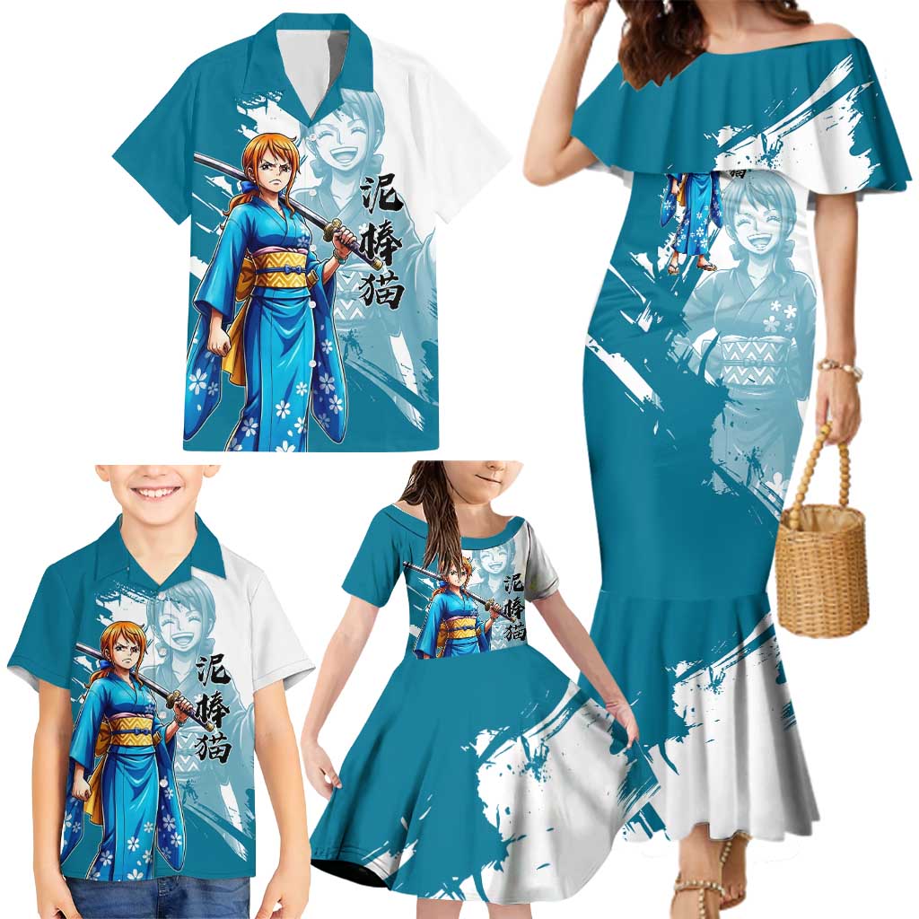 Wano Navigator Nami Family Matching Mermaid Dress and Hawaiian Shirt Floral Kimono Anime Brush Art