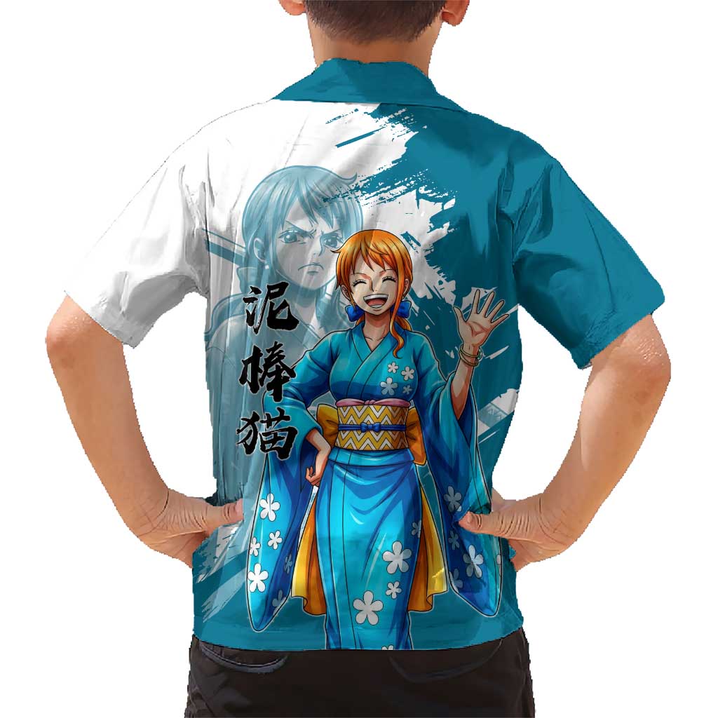 Wano Navigator Nami Family Matching Mermaid Dress and Hawaiian Shirt Floral Kimono Anime Brush Art