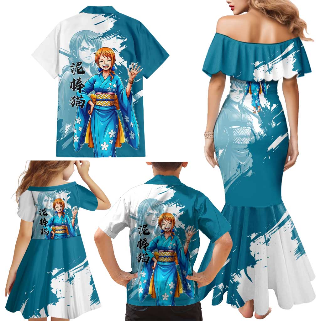 Wano Navigator Nami Family Matching Mermaid Dress and Hawaiian Shirt Floral Kimono Anime Brush Art