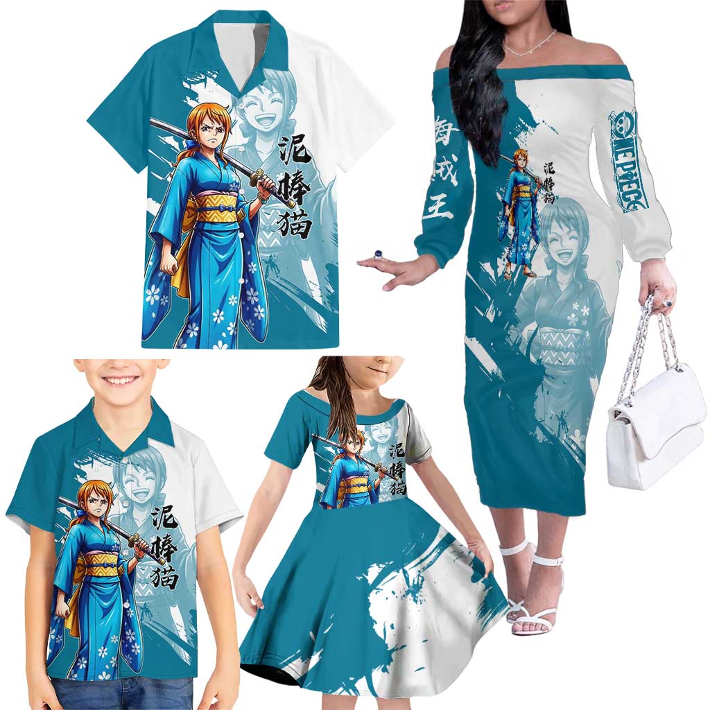 Wano Navigator Nami Family Matching Off The Shoulder Long Sleeve Dress and Hawaiian Shirt Floral Kimono Anime Brush Art