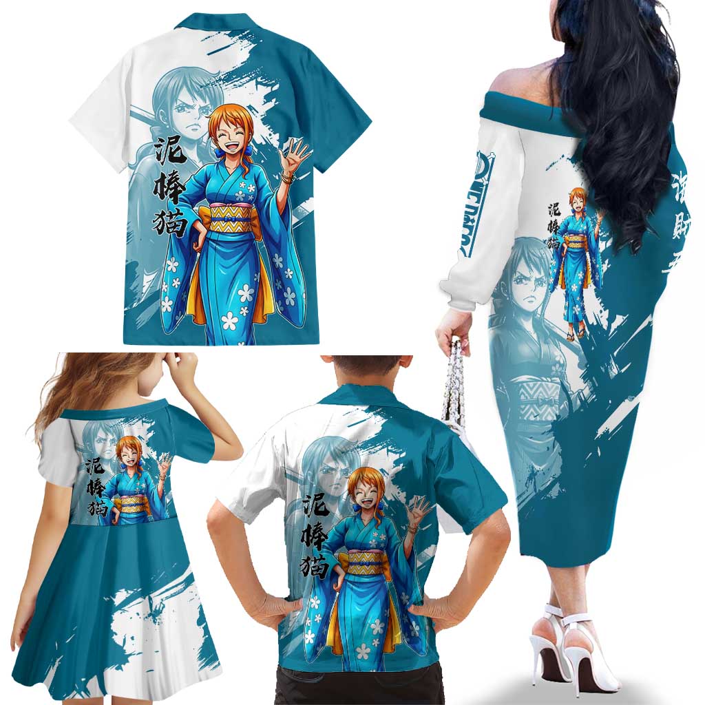 Wano Navigator Nami Family Matching Off The Shoulder Long Sleeve Dress and Hawaiian Shirt Floral Kimono Anime Brush Art
