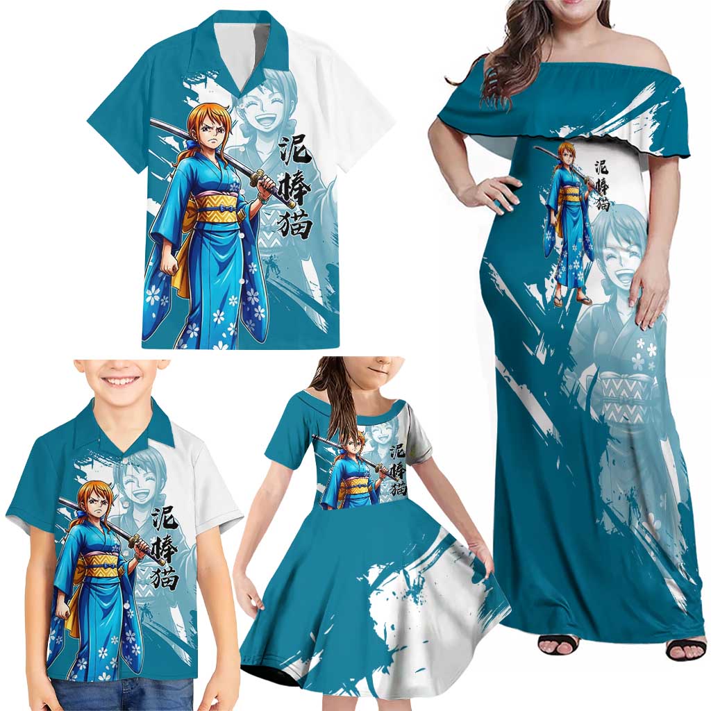 Wano Navigator Nami Family Matching Off Shoulder Maxi Dress and Hawaiian Shirt Floral Kimono Anime Brush Art