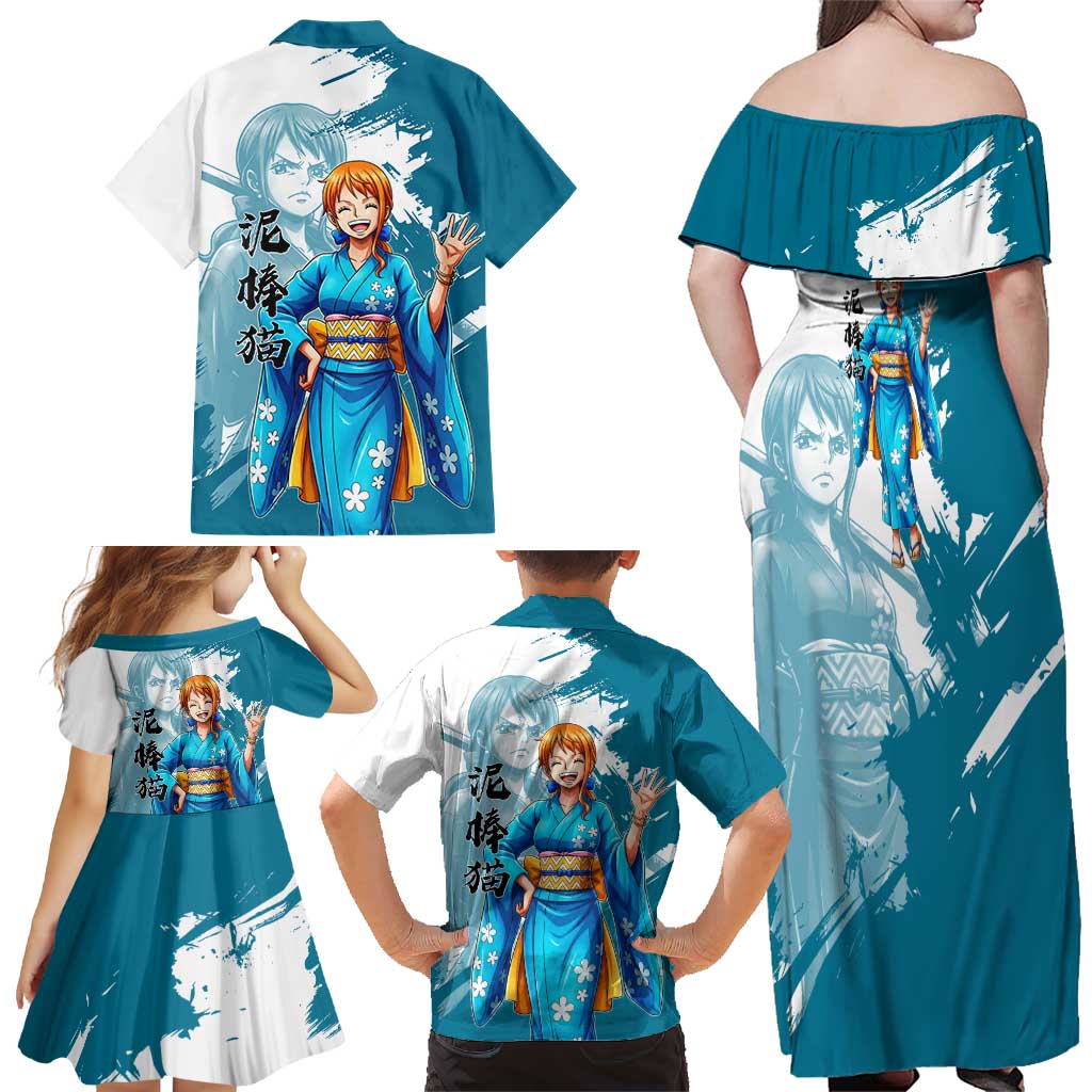 Wano Navigator Nami Family Matching Off Shoulder Maxi Dress and Hawaiian Shirt Floral Kimono Anime Brush Art
