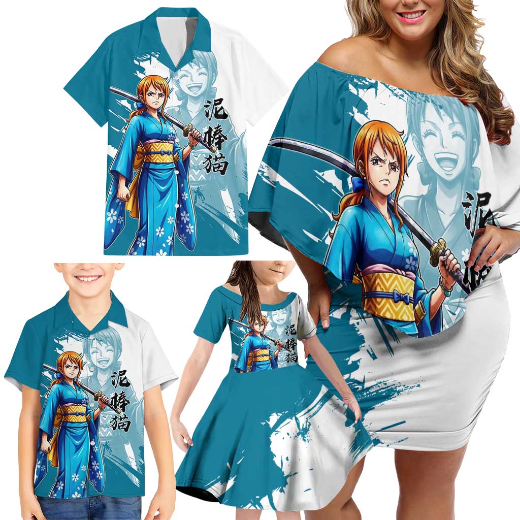 Wano Navigator Nami Family Matching Off Shoulder Short Dress and Hawaiian Shirt Floral Kimono Anime Brush Art