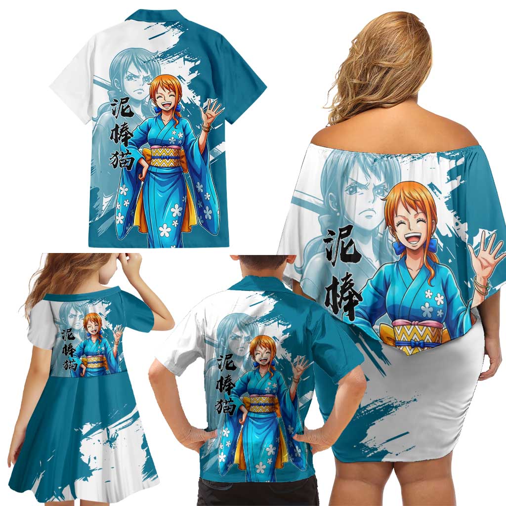 Wano Navigator Nami Family Matching Off Shoulder Short Dress and Hawaiian Shirt Floral Kimono Anime Brush Art