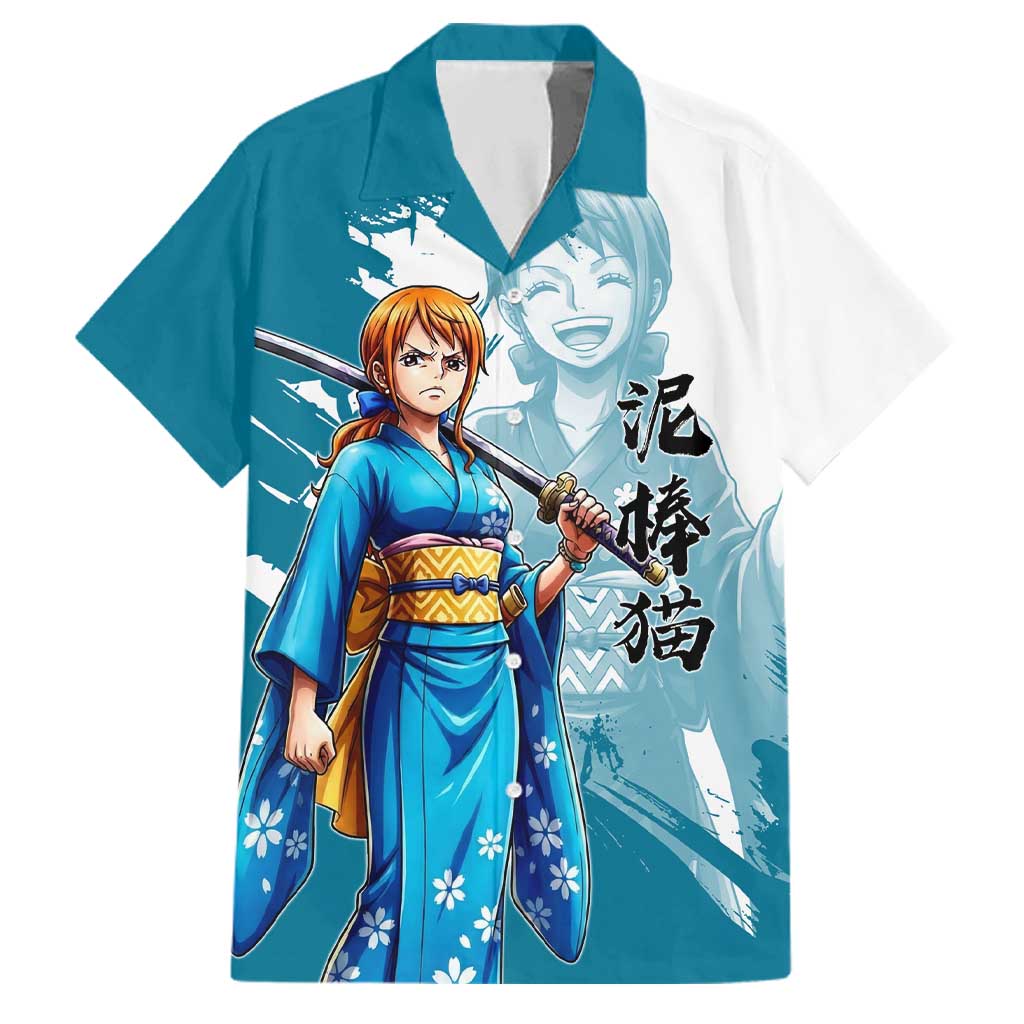 Wano Navigator Nami Family Matching Off Shoulder Short Dress and Hawaiian Shirt Floral Kimono Anime Brush Art