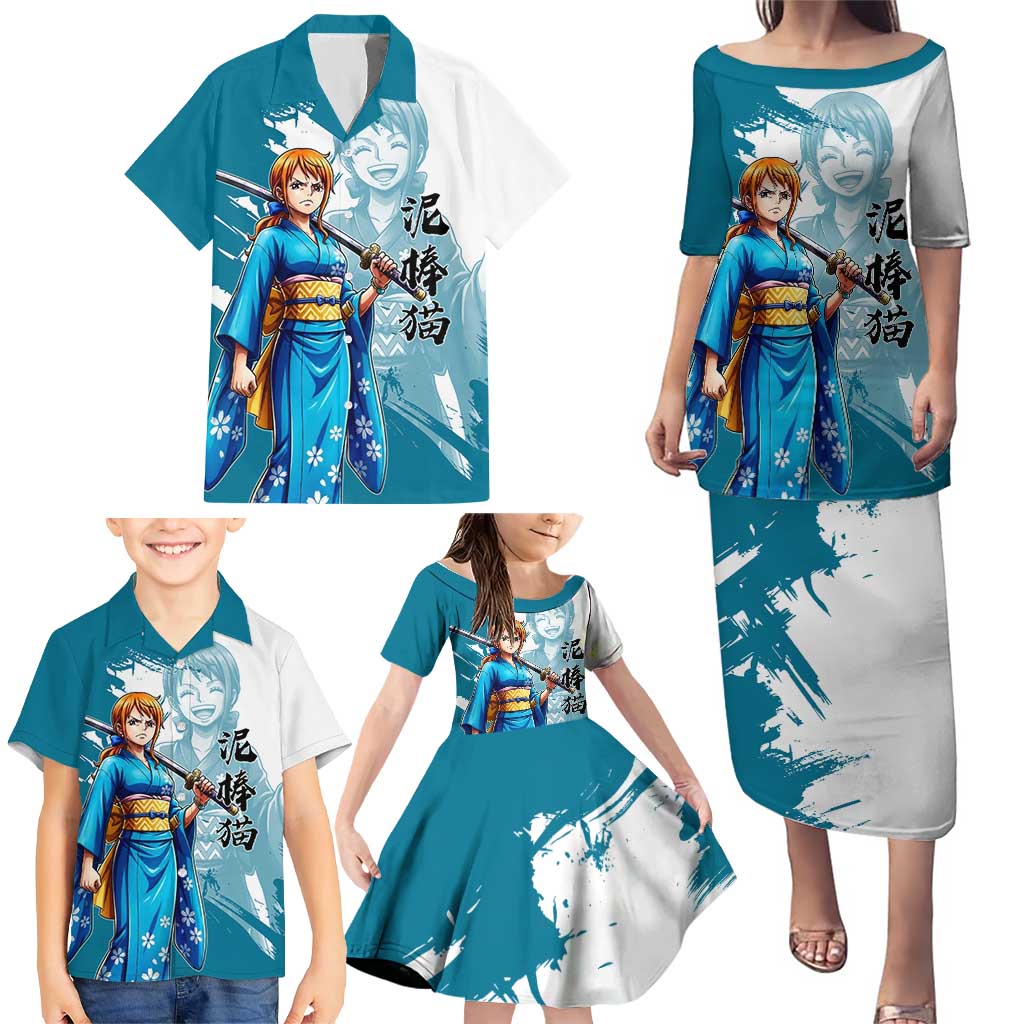 Wano Navigator Nami Family Matching Puletasi and Hawaiian Shirt Floral Kimono Anime Brush Art