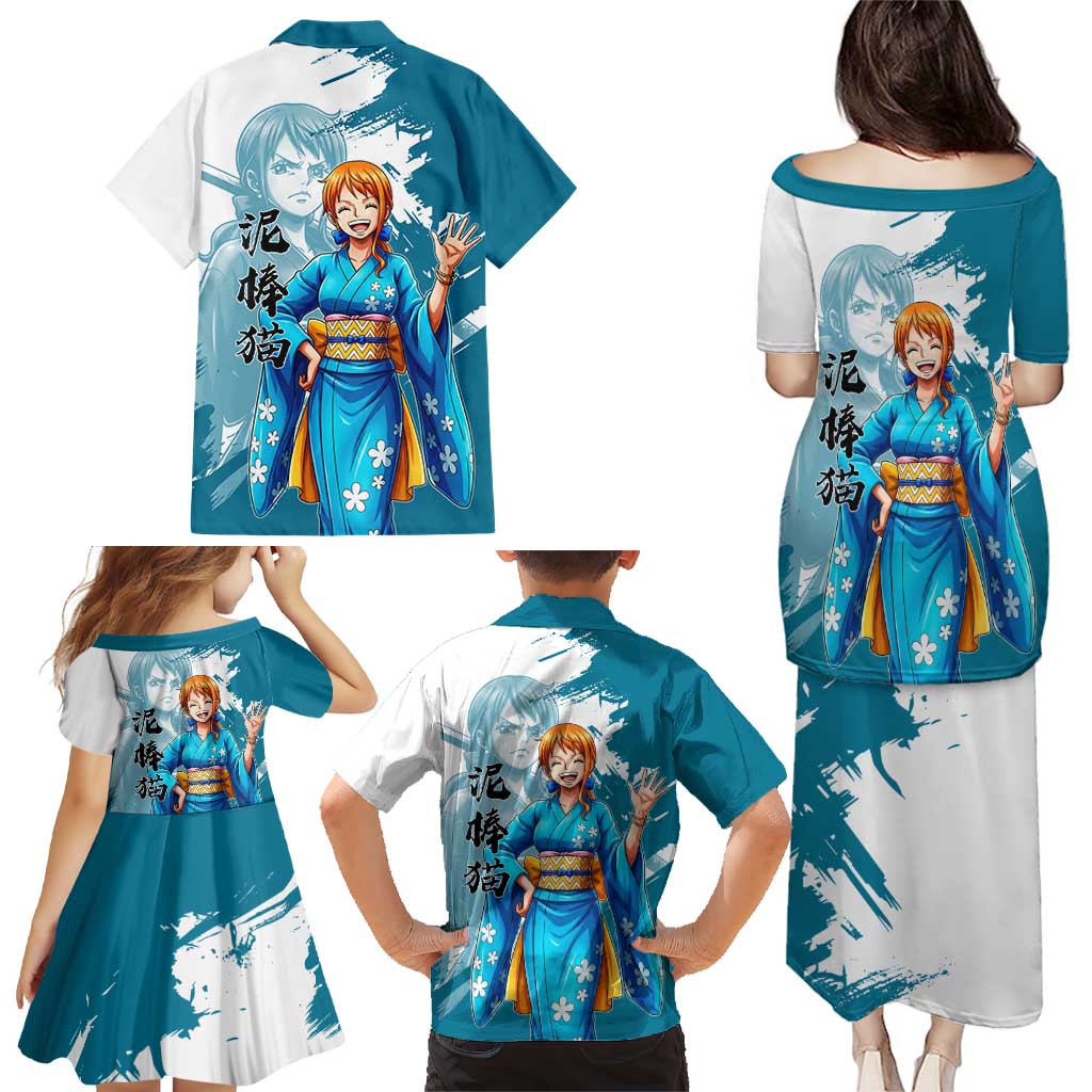 Wano Navigator Nami Family Matching Puletasi and Hawaiian Shirt Floral Kimono Anime Brush Art