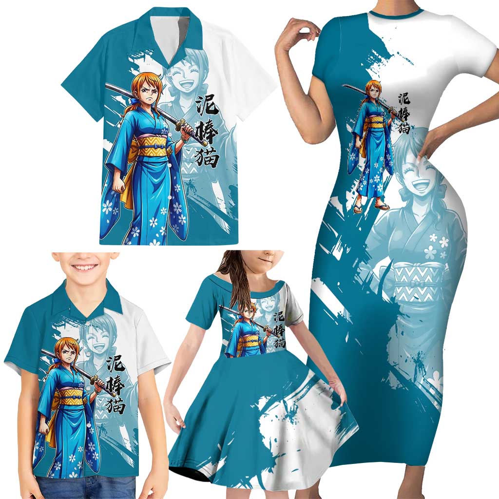 Wano Navigator Nami Family Matching Short Sleeve Bodycon Dress and Hawaiian Shirt Floral Kimono Anime Brush Art