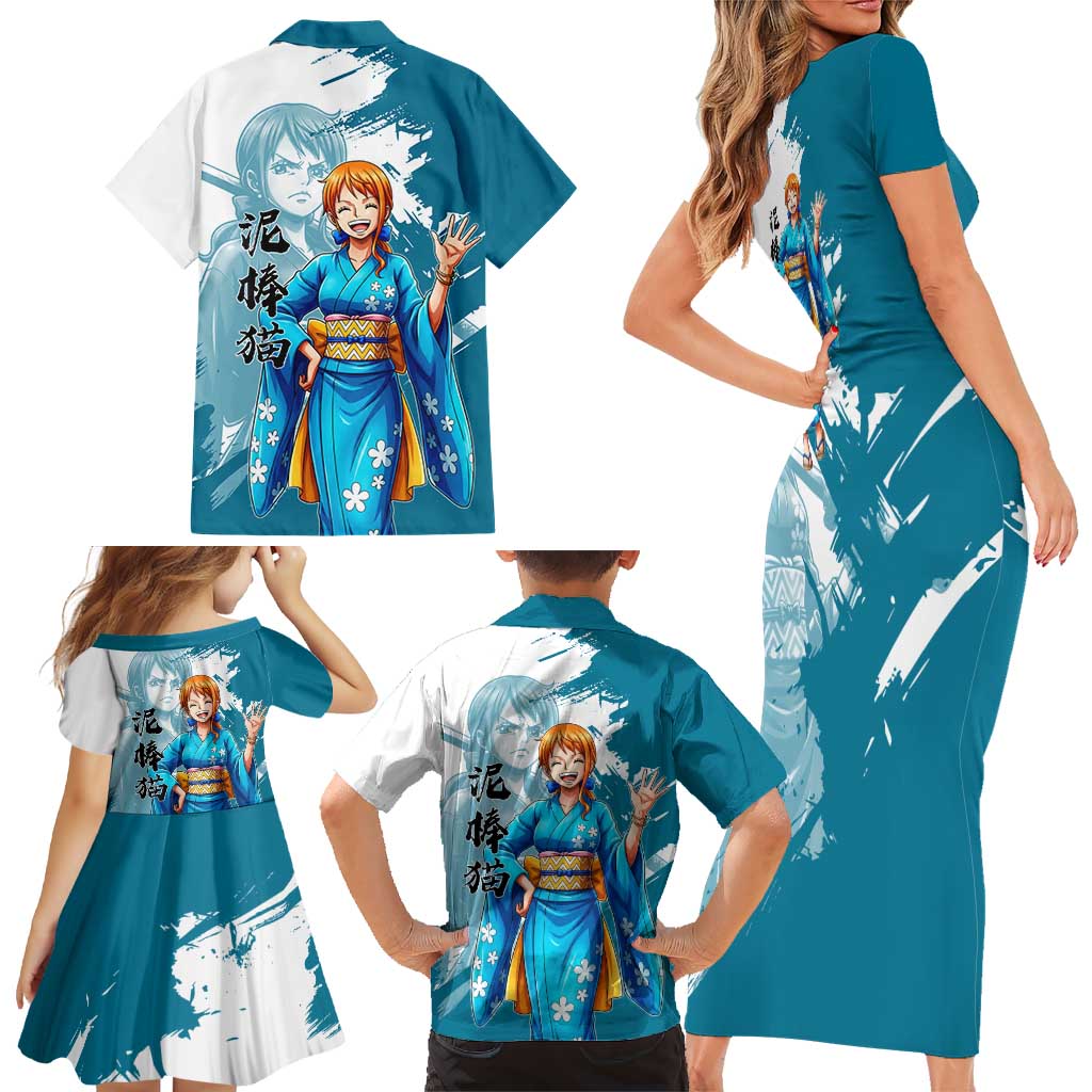 Wano Navigator Nami Family Matching Short Sleeve Bodycon Dress and Hawaiian Shirt Floral Kimono Anime Brush Art