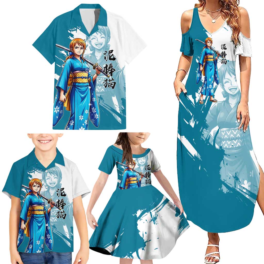 Wano Navigator Nami Family Matching Summer Maxi Dress and Hawaiian Shirt Floral Kimono Anime Brush Art