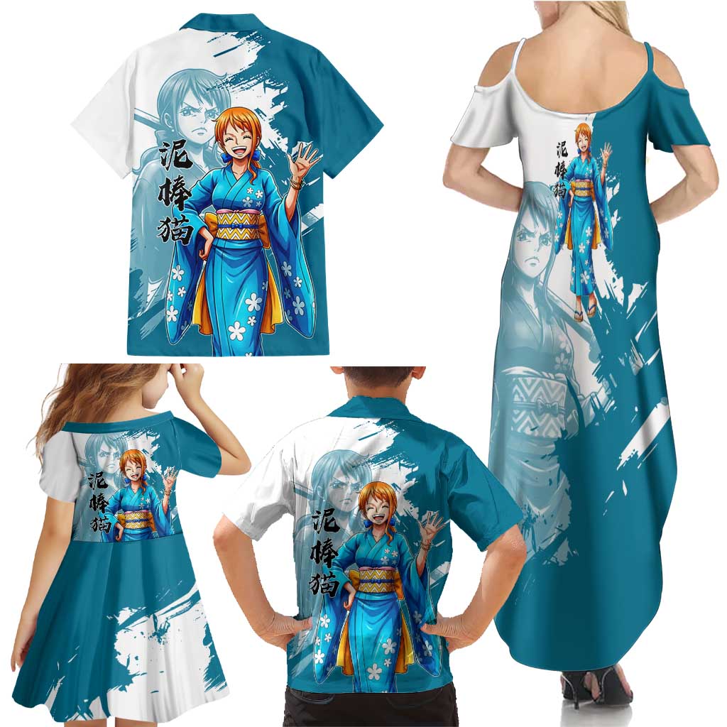 Wano Navigator Nami Family Matching Summer Maxi Dress and Hawaiian Shirt Floral Kimono Anime Brush Art