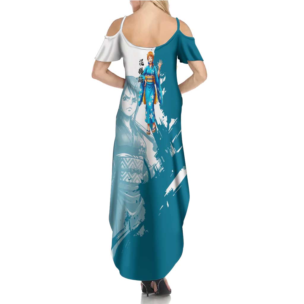 Wano Navigator Nami Family Matching Summer Maxi Dress and Hawaiian Shirt Floral Kimono Anime Brush Art
