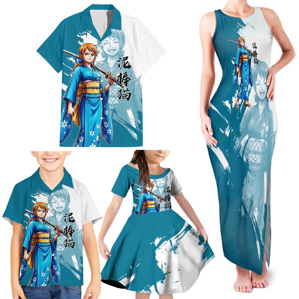 Wano Navigator Nami Family Matching Tank Maxi Dress and Hawaiian Shirt Floral Kimono Anime Brush Art