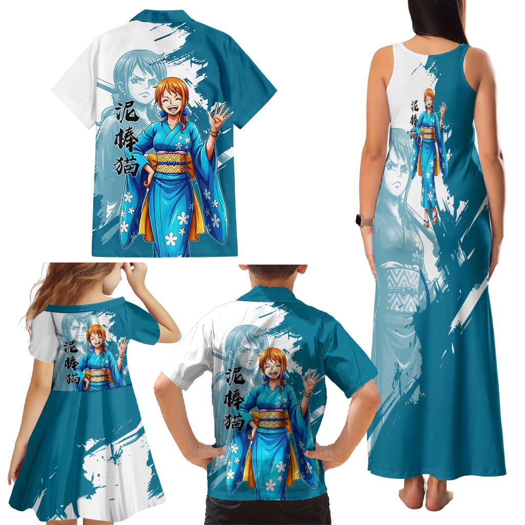 Wano Navigator Nami Family Matching Tank Maxi Dress and Hawaiian Shirt Floral Kimono Anime Brush Art