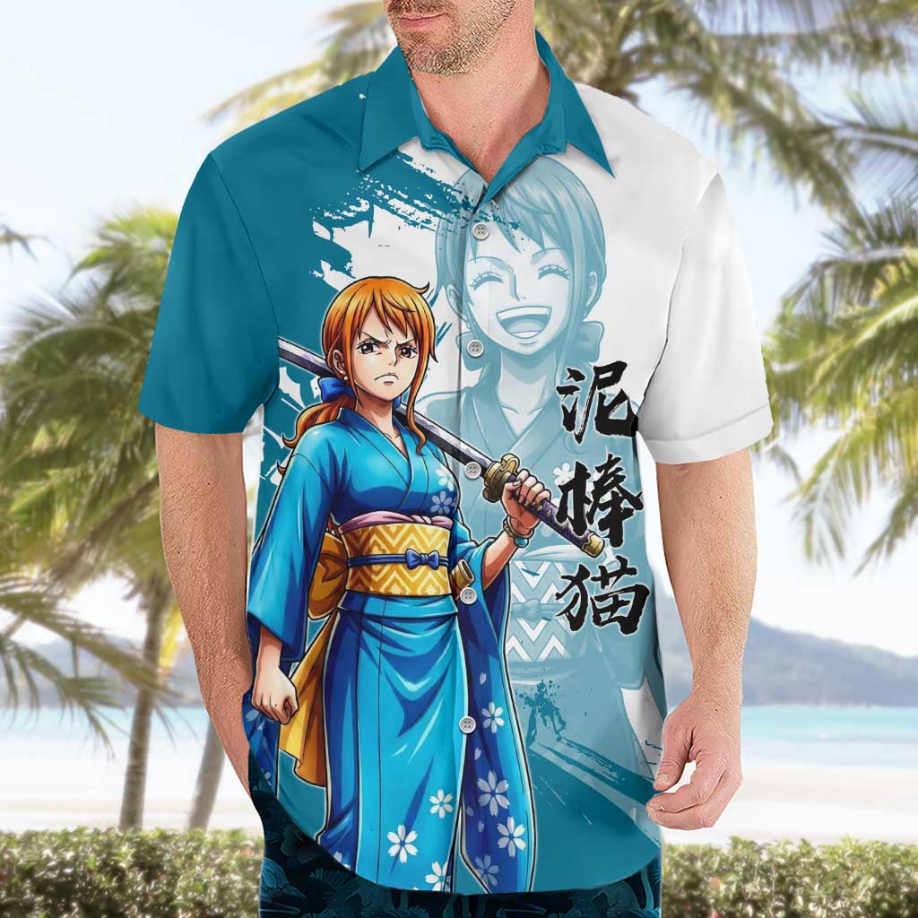 Wano Navigator Nami Hawaiian Shirt Floral Kimono Anime Brush Art