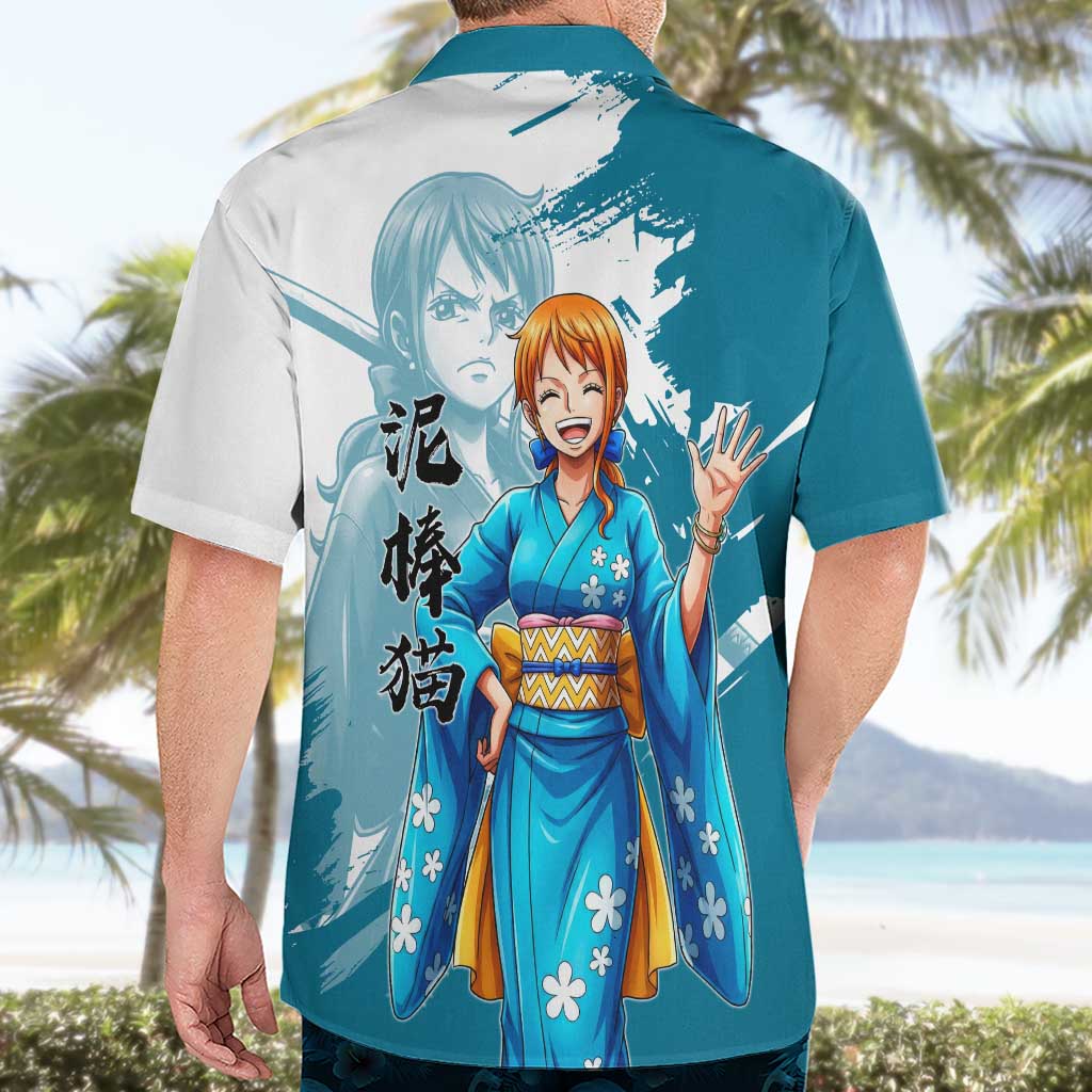 Wano Navigator Nami Hawaiian Shirt Floral Kimono Anime Brush Art