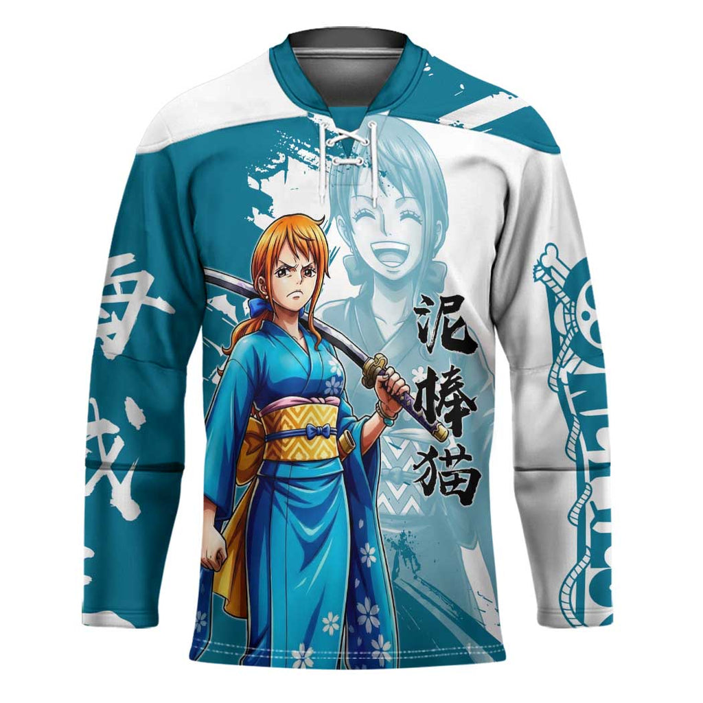 Wano Navigator Nami Hockey Jersey Floral Kimono Anime Brush Art