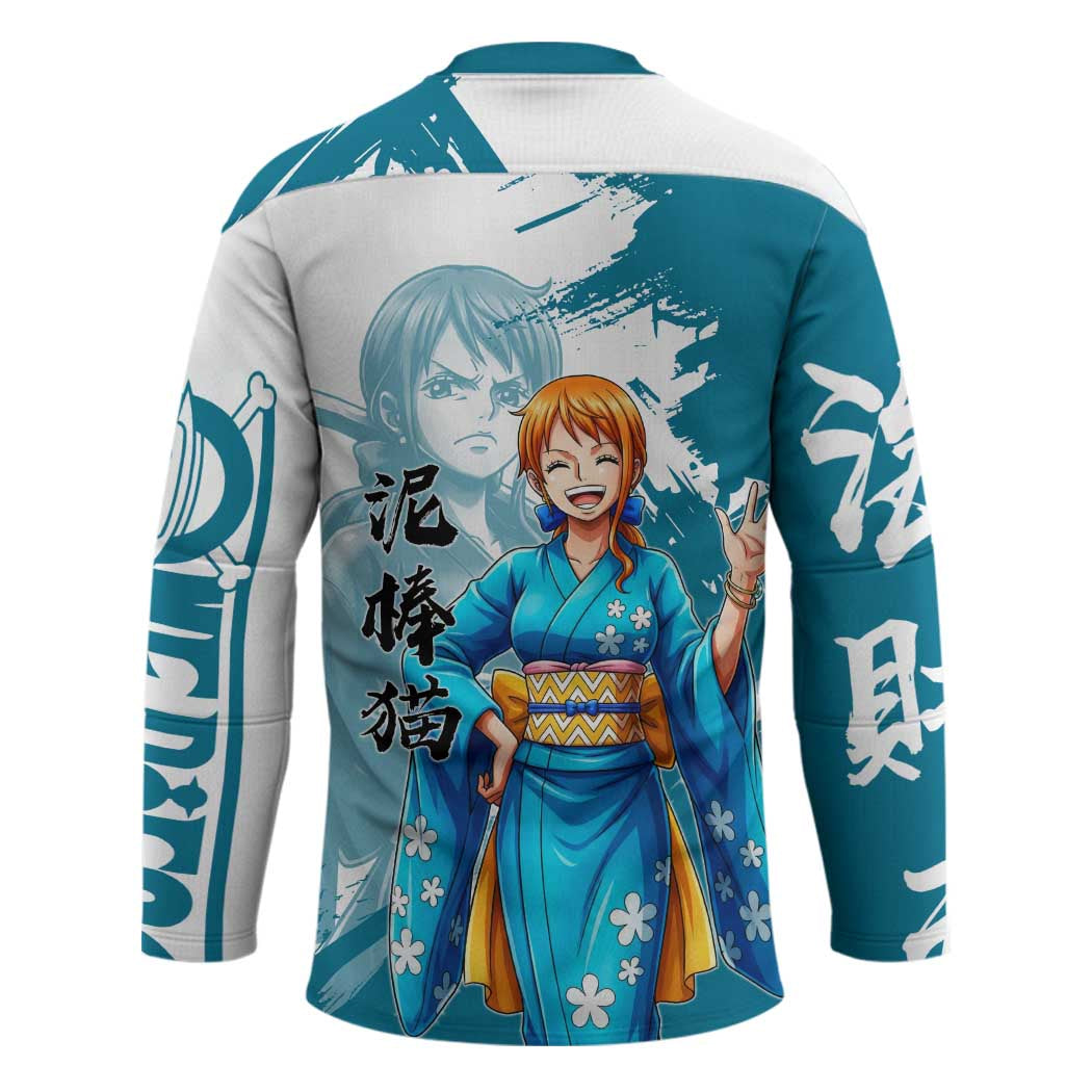 Wano Navigator Nami Hockey Jersey Floral Kimono Anime Brush Art
