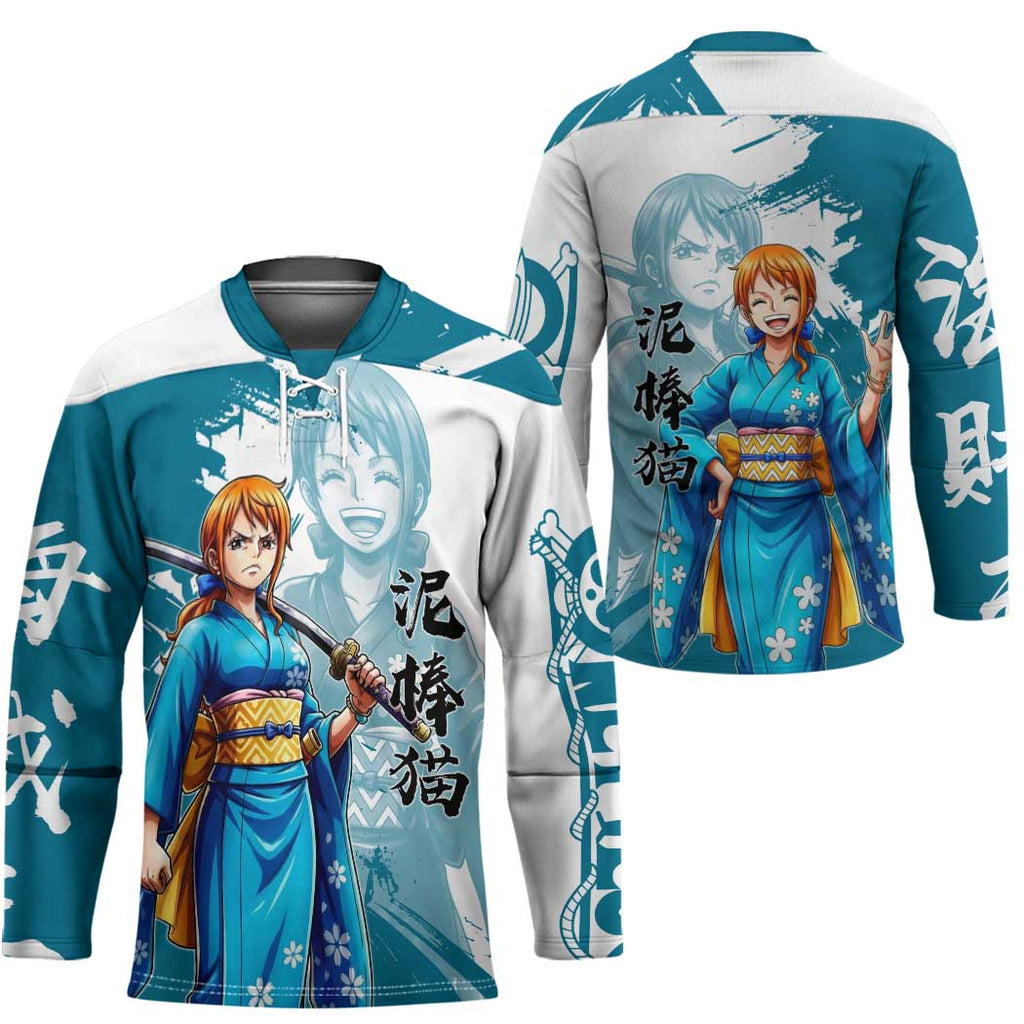 Wano Navigator Nami Hockey Jersey Floral Kimono Anime Brush Art