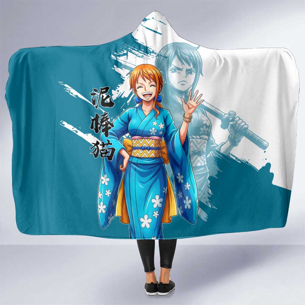 Wano Navigator Nami Hooded Blanket Floral Kimono Anime Brush Art
