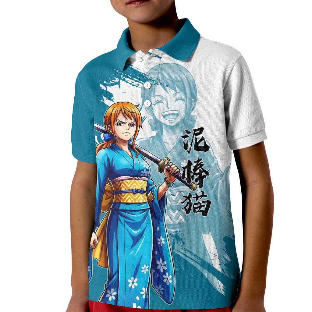 Wano Navigator Nami Kid Polo Shirt Floral Kimono Anime Brush Art