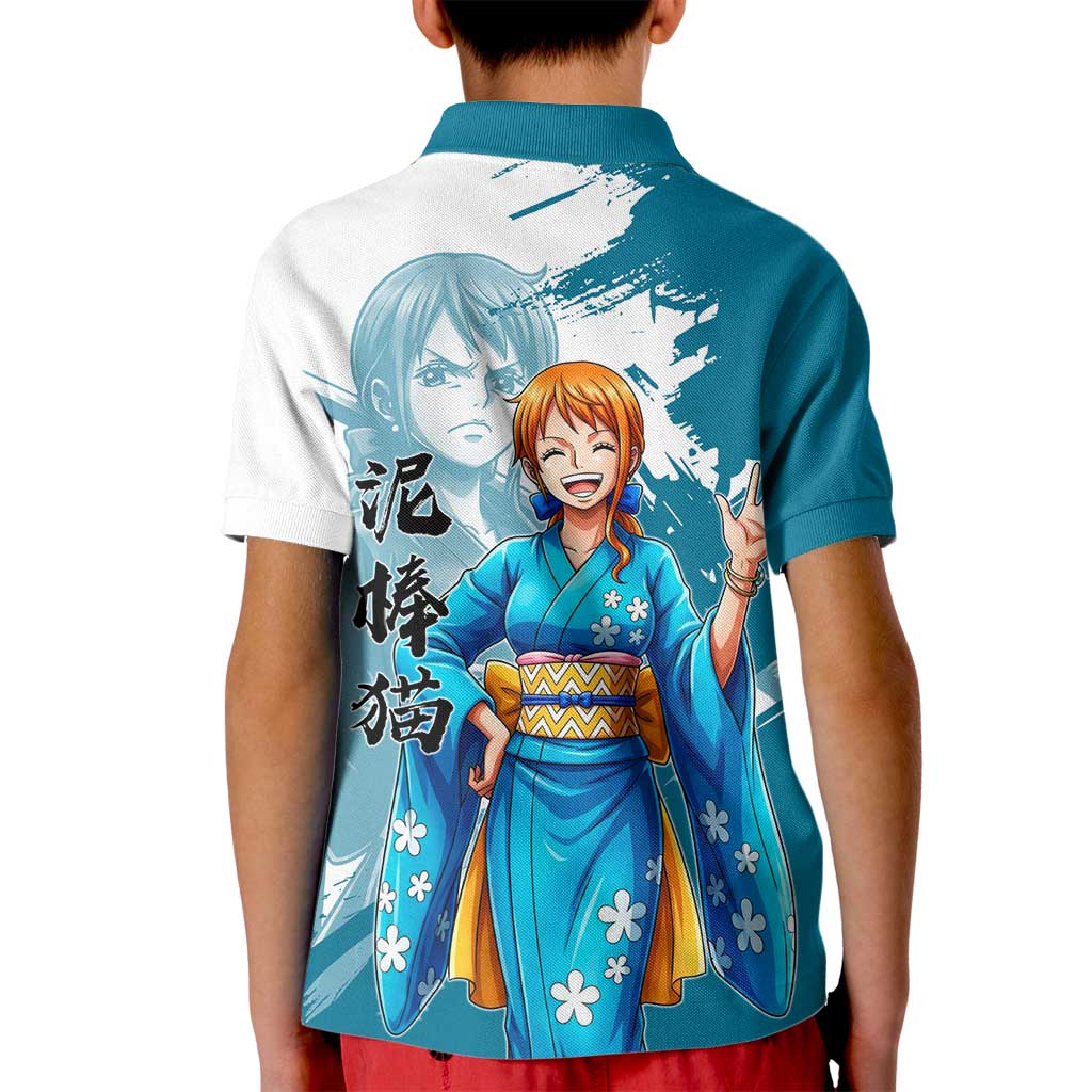Wano Navigator Nami Kid Polo Shirt Floral Kimono Anime Brush Art