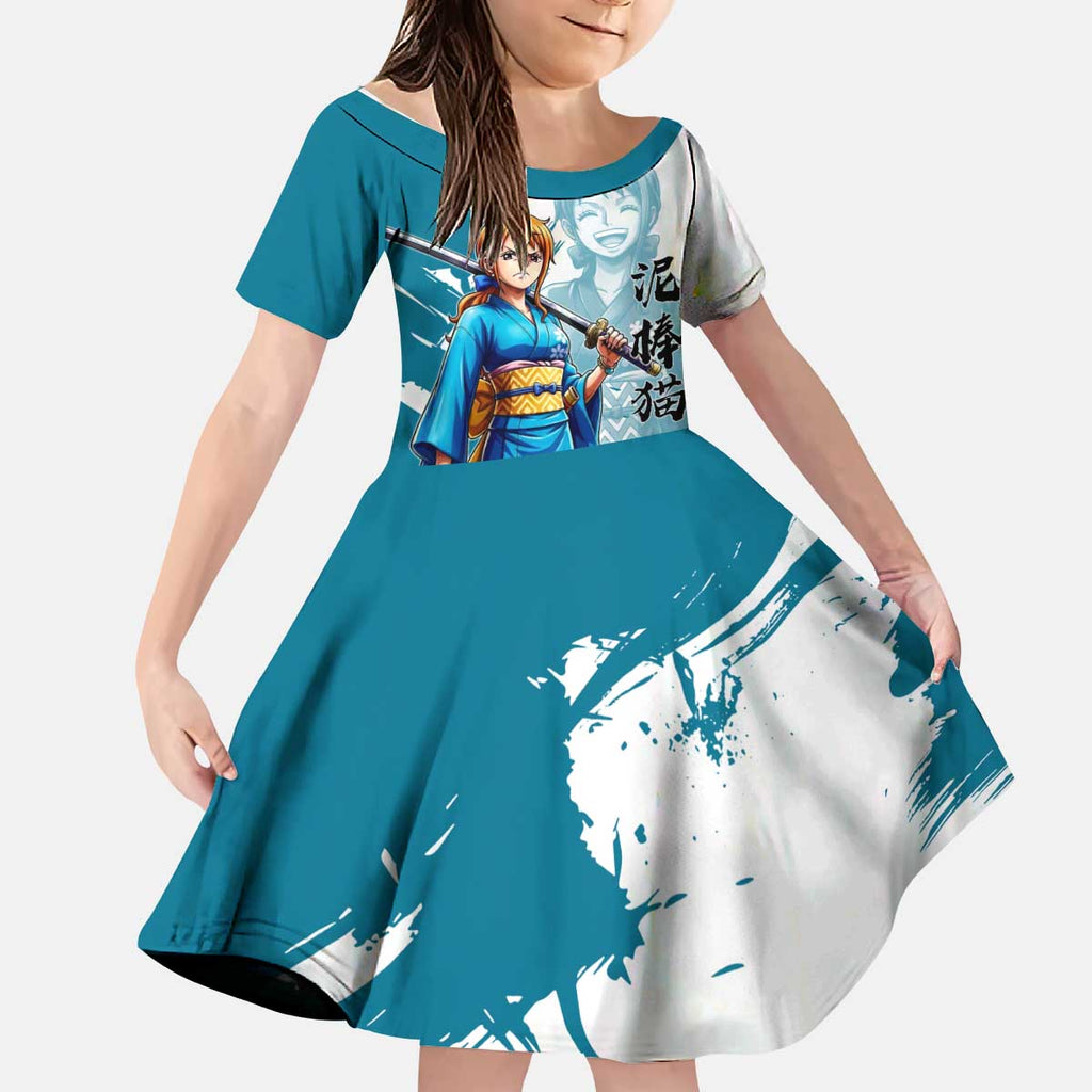 Wano Navigator Nami Kid Short Sleeve Dress Floral Kimono Anime Brush Art
