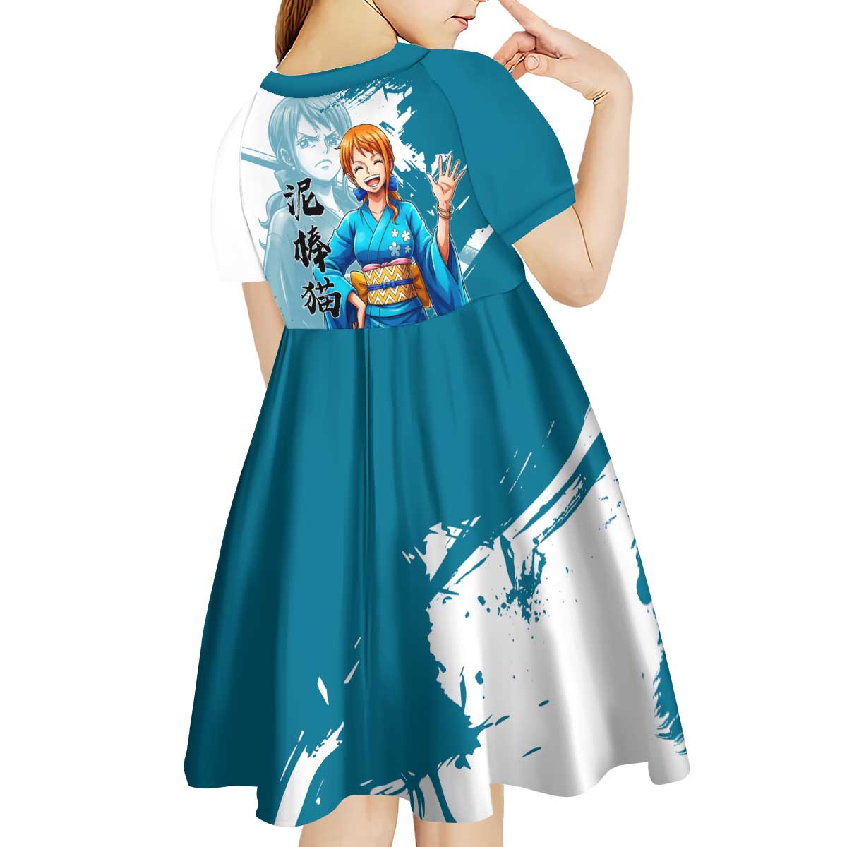 Wano Navigator Nami Kid Short Sleeve Dress Floral Kimono Anime Brush Art