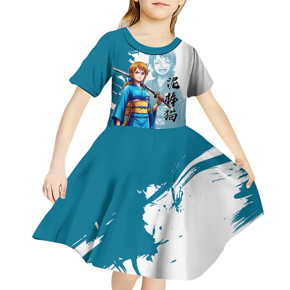 Wano Navigator Nami Kid Short Sleeve Dress Floral Kimono Anime Brush Art