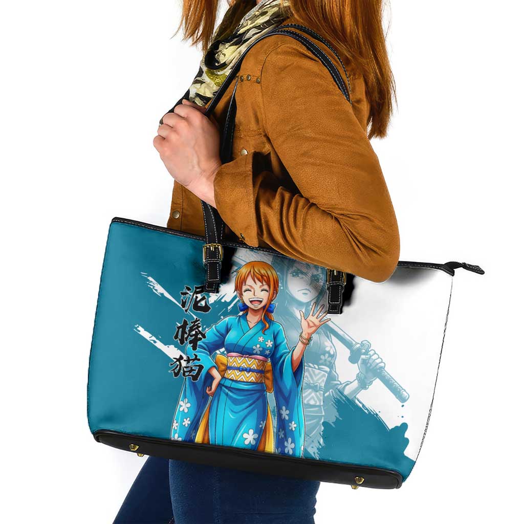 Wano Navigator Nami Leather Tote Bag Floral Kimono Anime Brush Art
