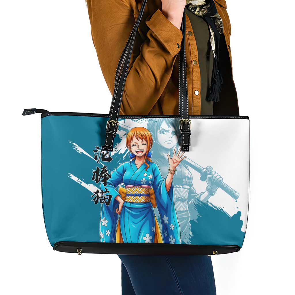 Wano Navigator Nami Leather Tote Bag Floral Kimono Anime Brush Art