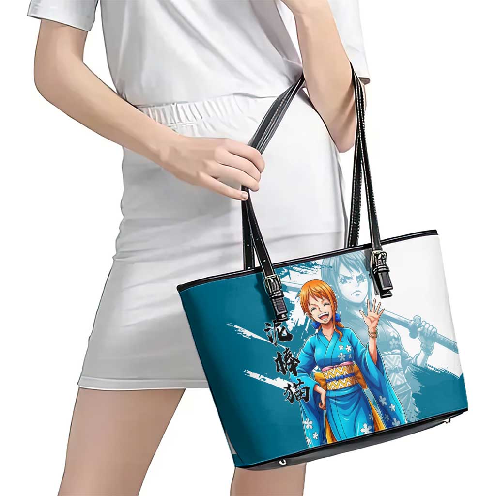 Wano Navigator Nami Leather Tote Bag Floral Kimono Anime Brush Art
