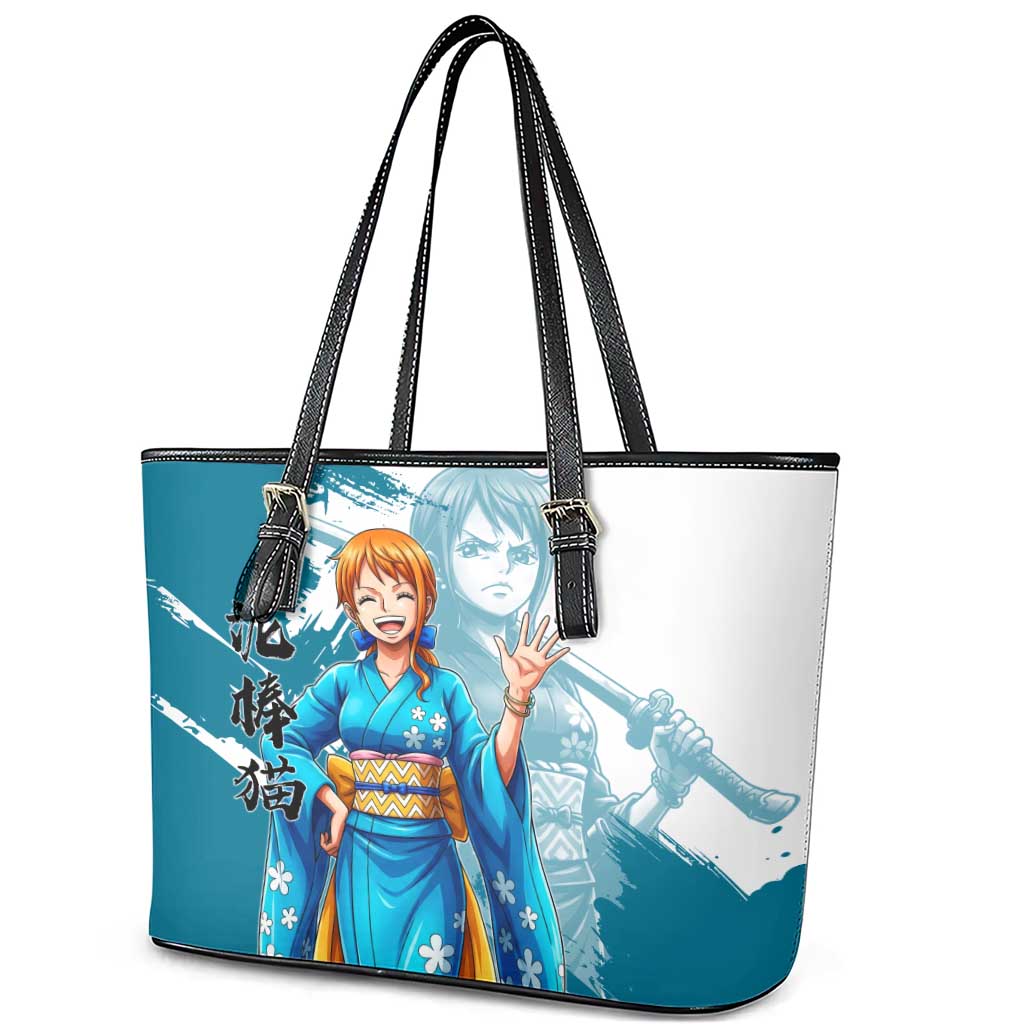 Wano Navigator Nami Leather Tote Bag Floral Kimono Anime Brush Art