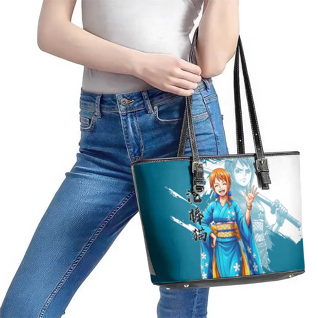 Wano Navigator Nami Leather Tote Bag Floral Kimono Anime Brush Art
