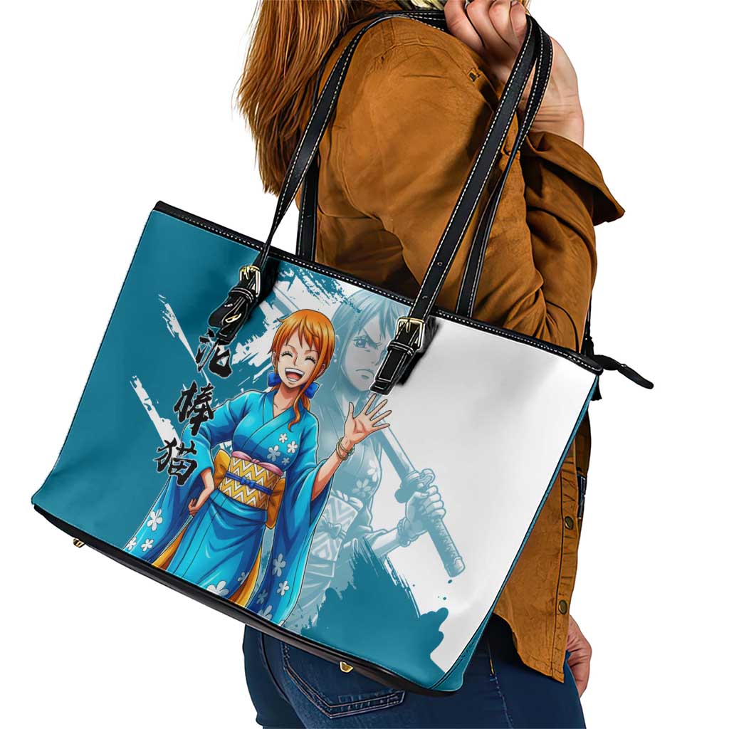 Wano Navigator Nami Leather Tote Bag Floral Kimono Anime Brush Art