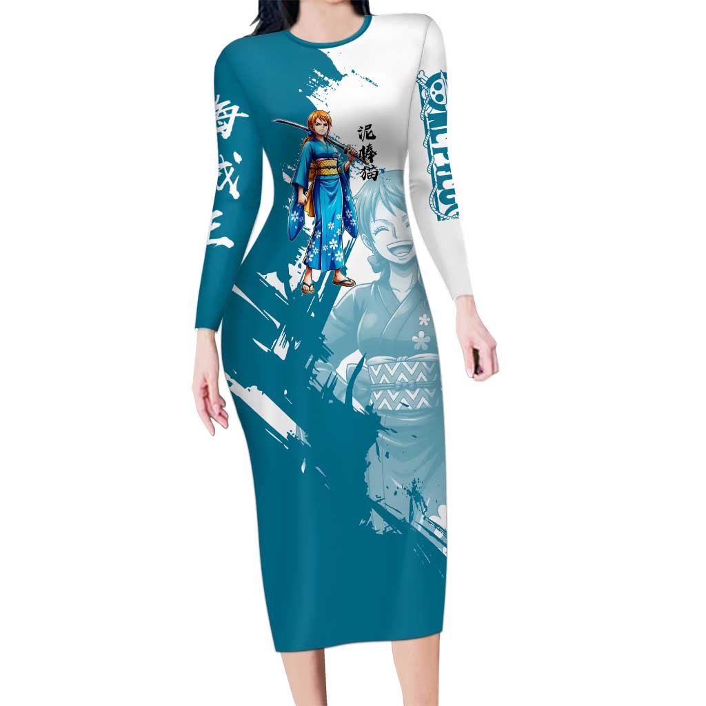 Wano Navigator Nami Long Sleeve Bodycon Dress Floral Kimono Anime Brush Art