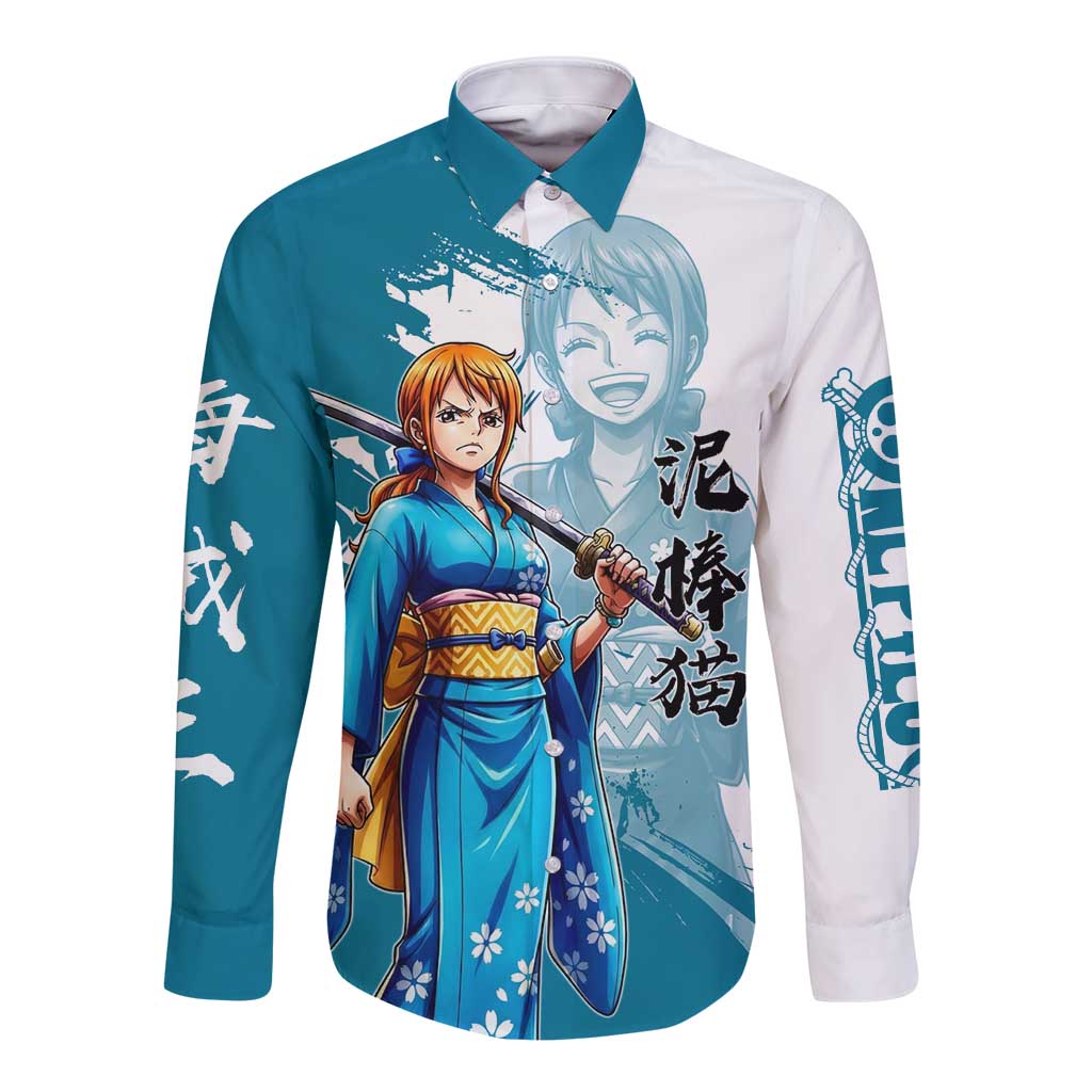 Wano Navigator Nami Long Sleeve Button Shirt Floral Kimono Anime Brush Art