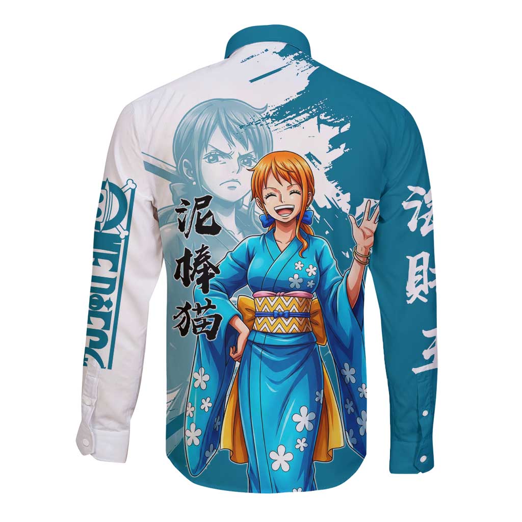 Wano Navigator Nami Long Sleeve Button Shirt Floral Kimono Anime Brush Art