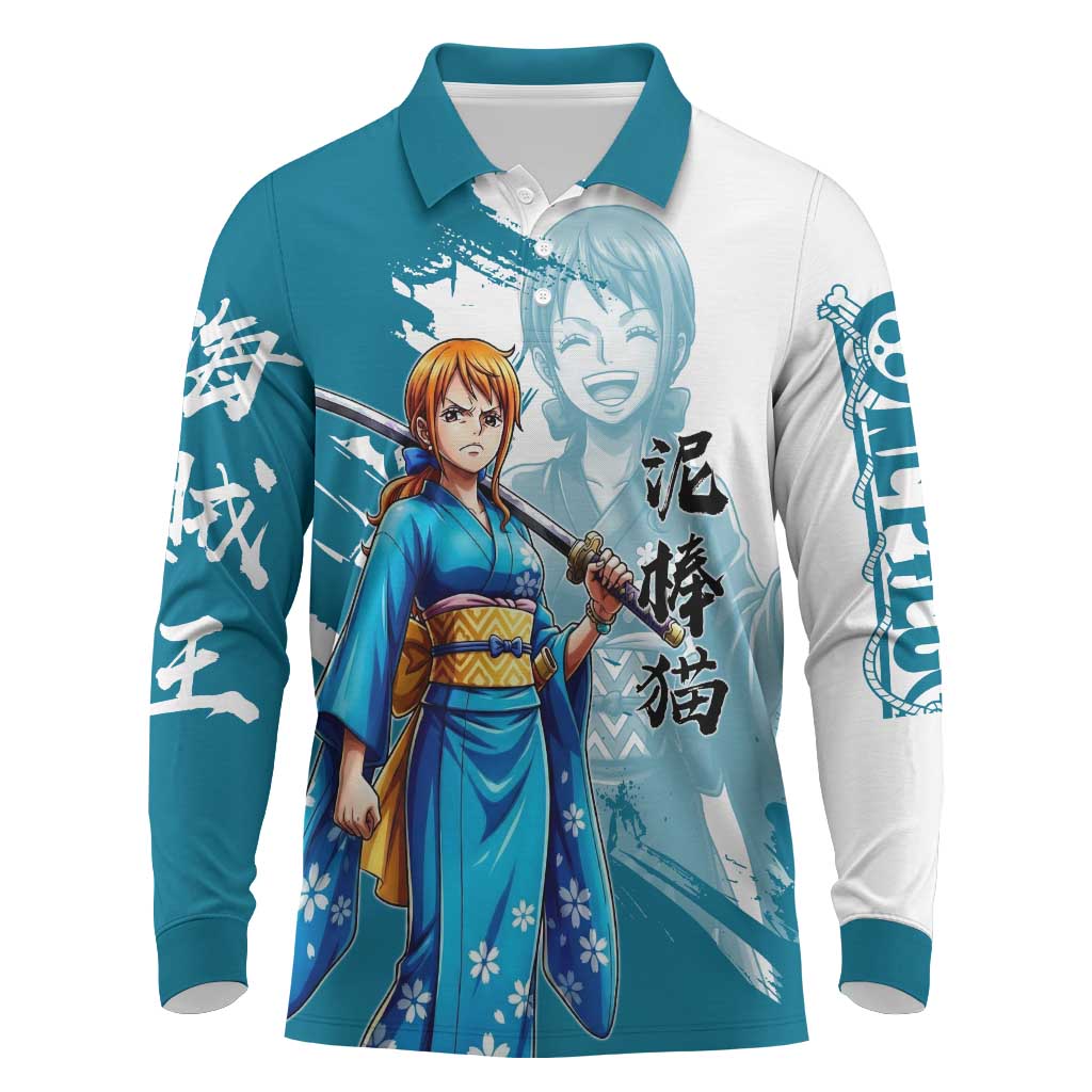 Wano Navigator Nami Long Sleeve Polo Shirt Floral Kimono Anime Brush Art