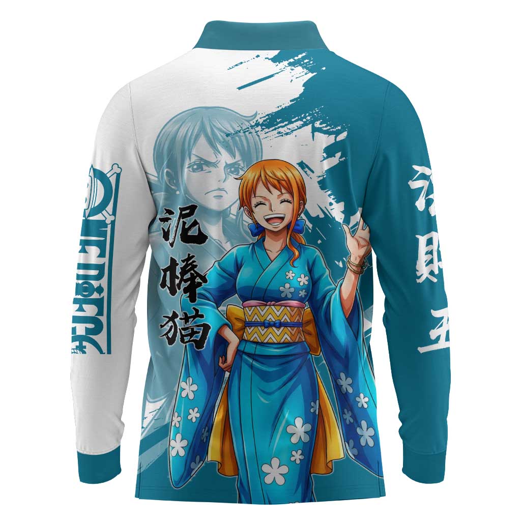 Wano Navigator Nami Long Sleeve Polo Shirt Floral Kimono Anime Brush Art