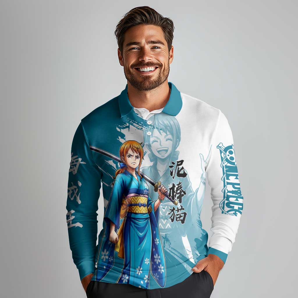 Wano Navigator Nami Long Sleeve Polo Shirt Floral Kimono Anime Brush Art