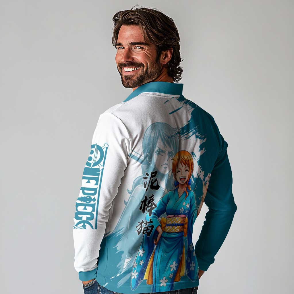 Wano Navigator Nami Long Sleeve Polo Shirt Floral Kimono Anime Brush Art