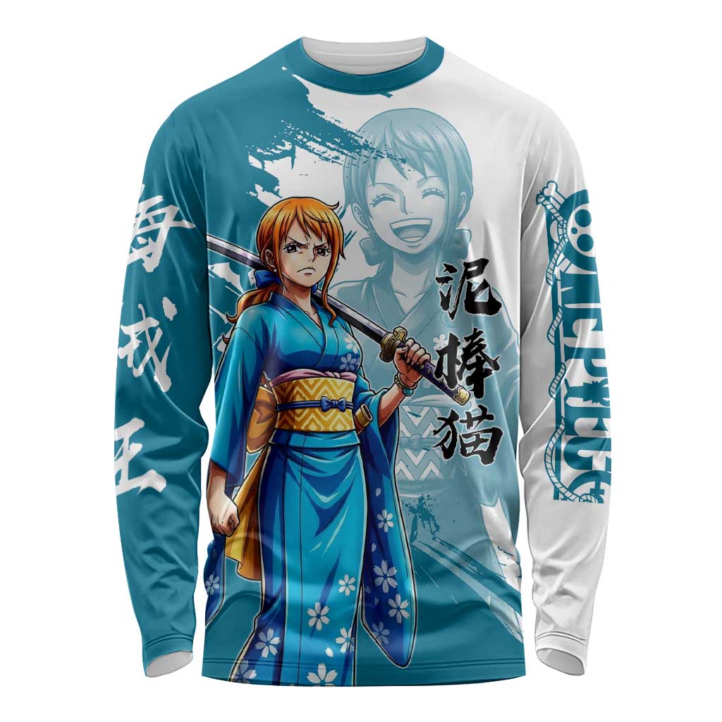 Wano Navigator Nami Long Sleeve Shirt Floral Kimono Anime Brush Art