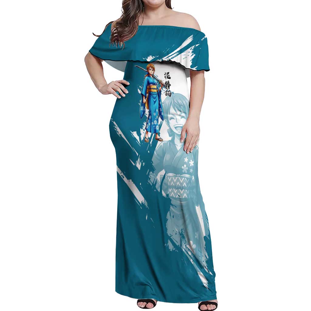 Wano Navigator Nami Off Shoulder Maxi Dress Floral Kimono Anime Brush Art