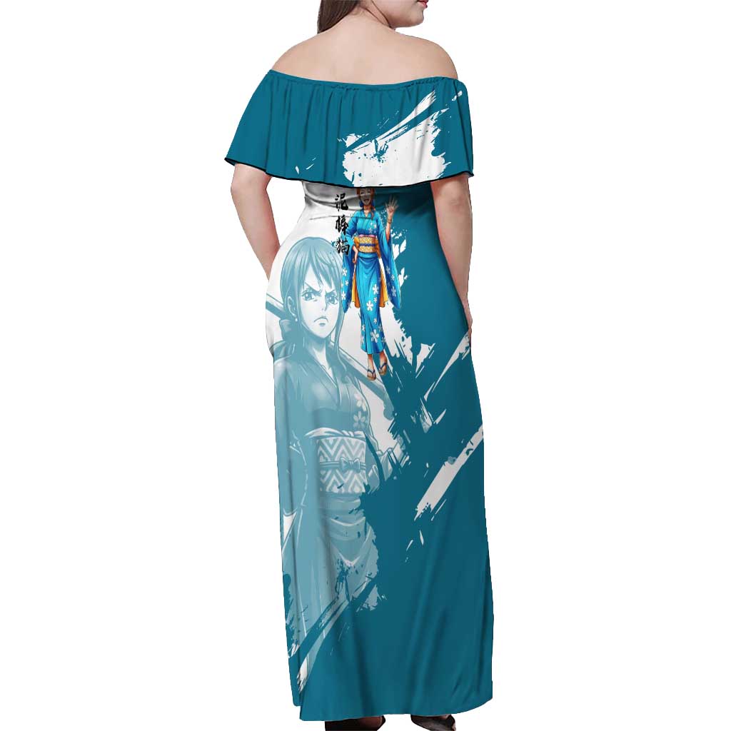Wano Navigator Nami Off Shoulder Maxi Dress Floral Kimono Anime Brush Art